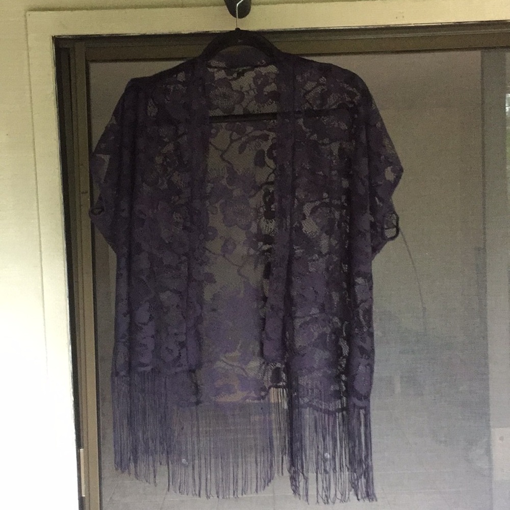Navy Top Shop lace short kimono with fringe